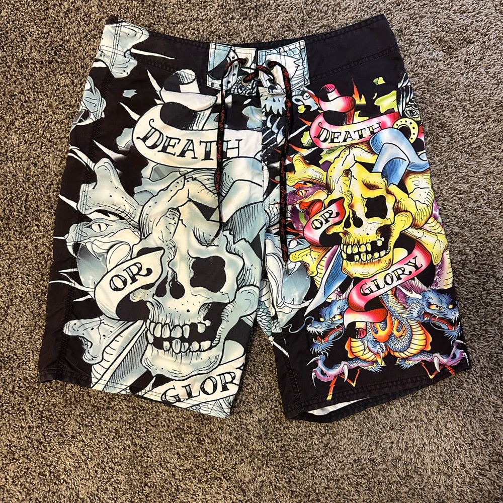 Ed Hardy Black and Multicolor Swim Trunks
